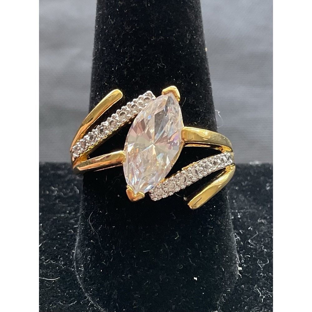 Vintage Two Tone Cocktail Ring Size 9.75 Marquise Cut Clear Stone
